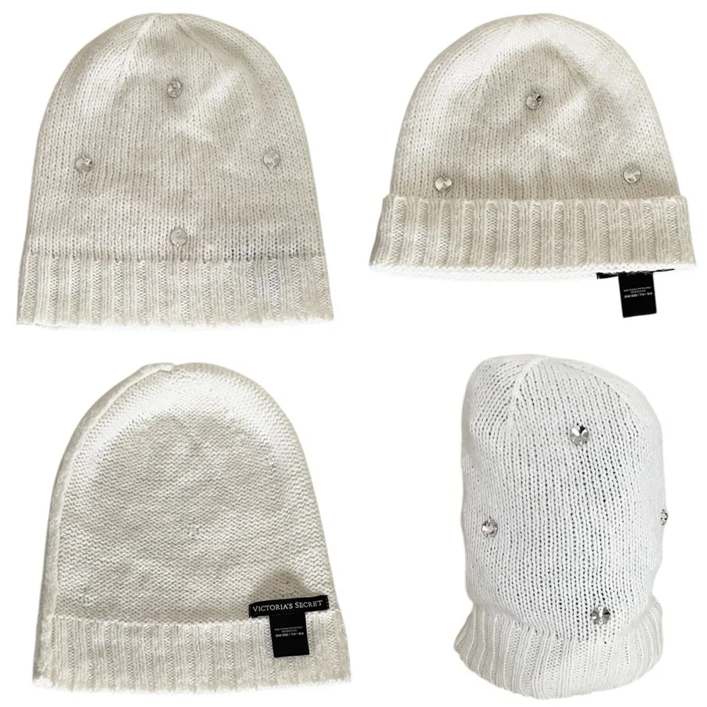 Victoria’s Secret Crystal Rhinestone Off White Knit Beanie Hat, One Size - Picture 2 of 13